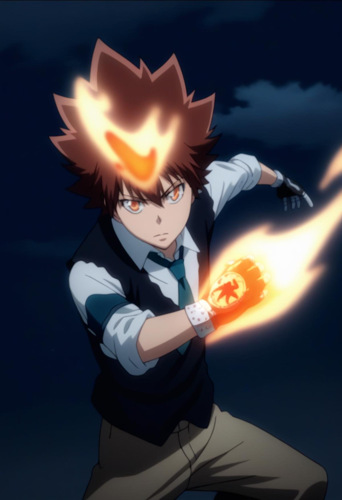 score_9, score_8_up, score_7_up, score_6_up, highly detailed, masterpiece, best quality,detailed,intricate details, amazing quality, best aesthetic, absurdres, tsuna_hyper, brown hair, orange eyes, flame on head, flame on hands, 1boy, male focus, solo, blue necktie, necktie, black vest, night, gloves, fight posture<lora:EMS-391553-EMS:1.000000>