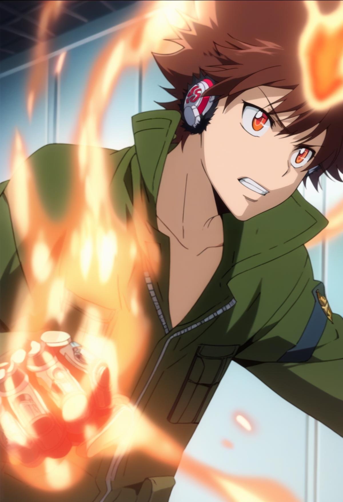 score_9, score_8_up, score_7_up, score_6_up, highly detailed, masterpiece, best quality,detailed,intricate details, amazing quality, best aesthetic, absurdres, tsuna_hyper, brown hair, orange eyes, flame on head, flame on hands, 1boy, male focus, solo, fire, teeth, headphones, clenched teeth,green jumpsuit<lora:EMS-391553-EMS:1.000000>