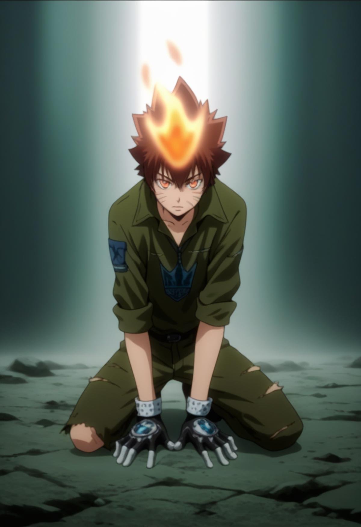 score_9, score_8_up, score_7_up, score_6_up, highly detailed, masterpiece, best quality,detailed,intricate details, amazing quality, best aesthetic, absurdres, tsuna_hyper, brown hair, orange eyes, flame on head, 1boy, male focus, solo, gloves, fire, one knee,torn clothes, facial mark<lora:EMS-391553-EMS:1.000000>