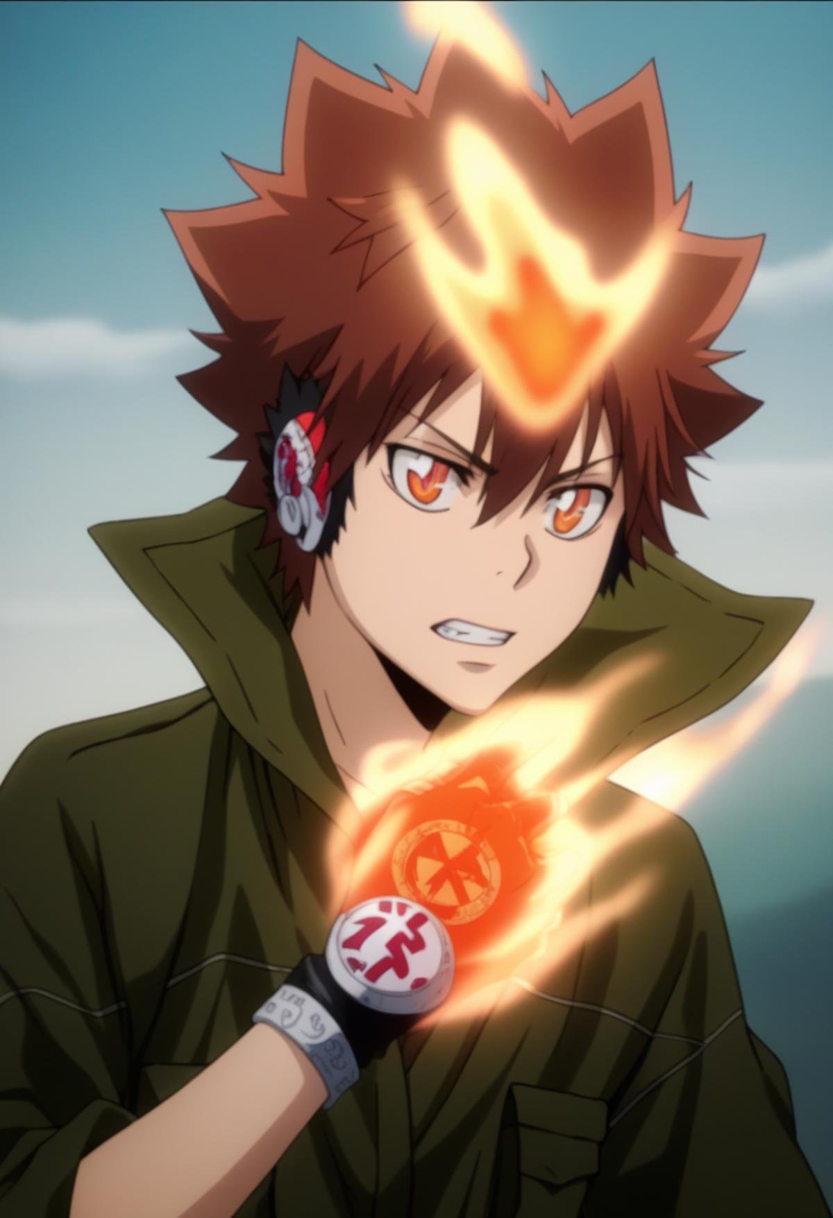 score_9, score_8_up, score_7_up, score_6_up, highly detailed, masterpiece, best quality,detailed,intricate details, amazing quality, best aesthetic, absurdres, tsuna_hyper, brown hair, orange eyes, flame on head, flame on hands, 1boy, male focus, solo, fire, teeth, headphones, clenched teeth,green jumpsuit<lora:EMS-391553-EMS:1.000000>
