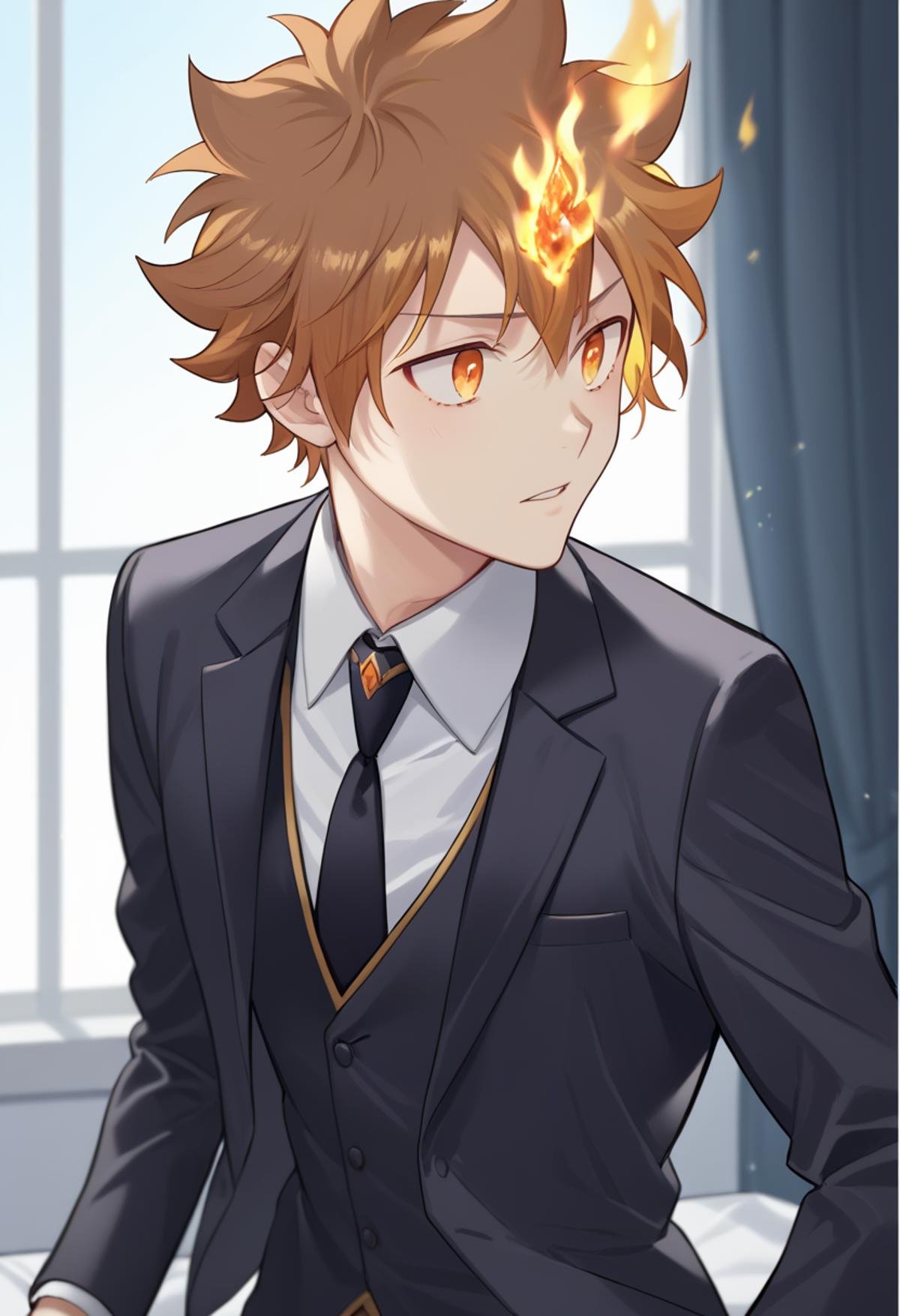 score_9, score_8_up, score_7_up, score_6_up, highly detailed, masterpiece, best quality,detailed,intricate details, amazing quality, best aesthetic, absurdres,source_anime, tsuna, brown hair, orange eyes, 1boy,formal, suit, necktie, male focus, gloves, black necktie, shirt, jacket, black jacket, flame on head<lora:EMS-391485-EMS:1.000000>