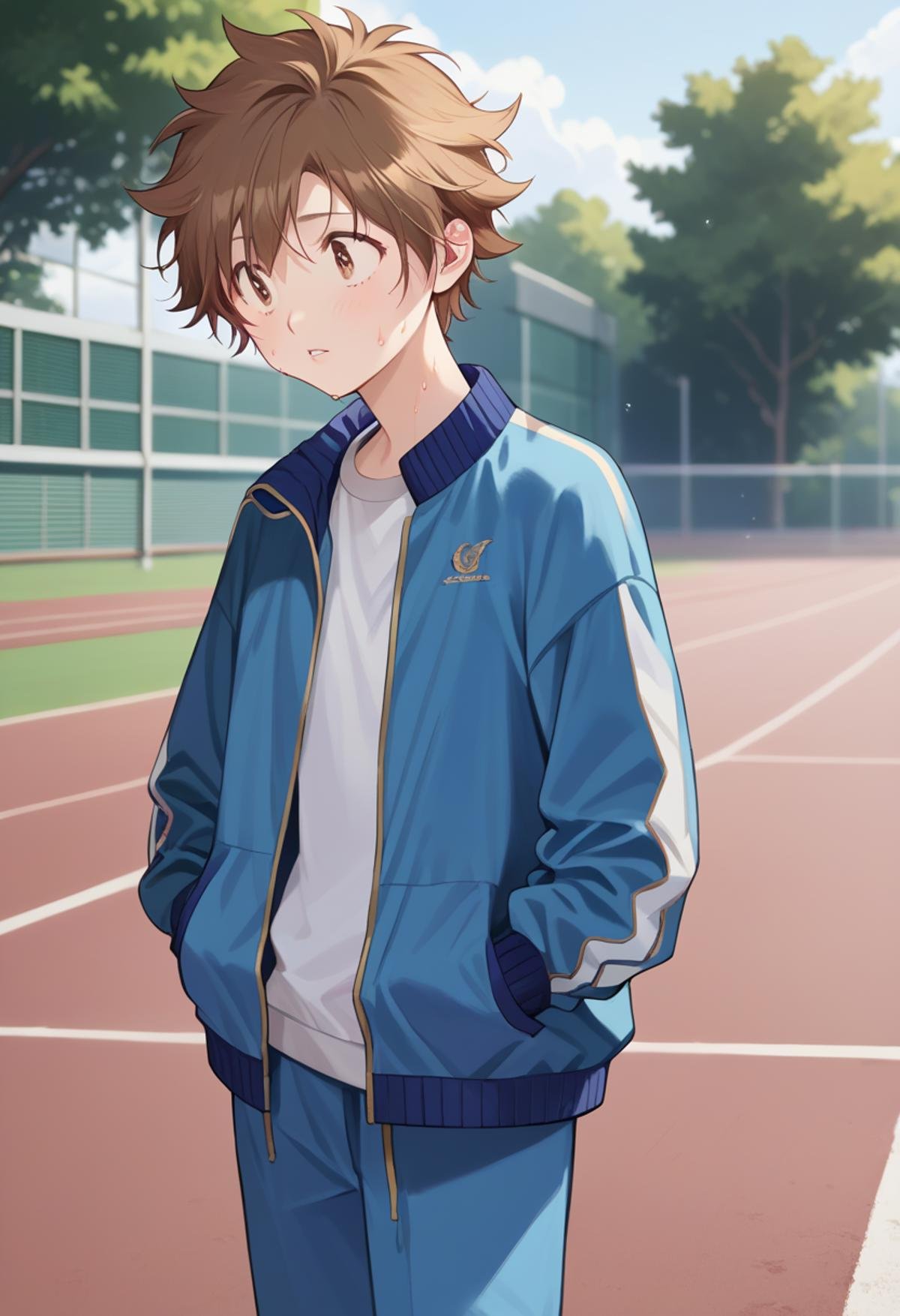 score_9, score_8_up, score_7_up, score_6_up, highly detailed, masterpiece, best quality,detailed,intricate details, amazing quality, best aesthetic, absurdres,source_anime, tsuna, brown hair, brown eyes, jacket, pants, shirt  socks, open jacket, blue jacket, sweat track ,jacket<lora:EMS-391485-EMS:1.000000>