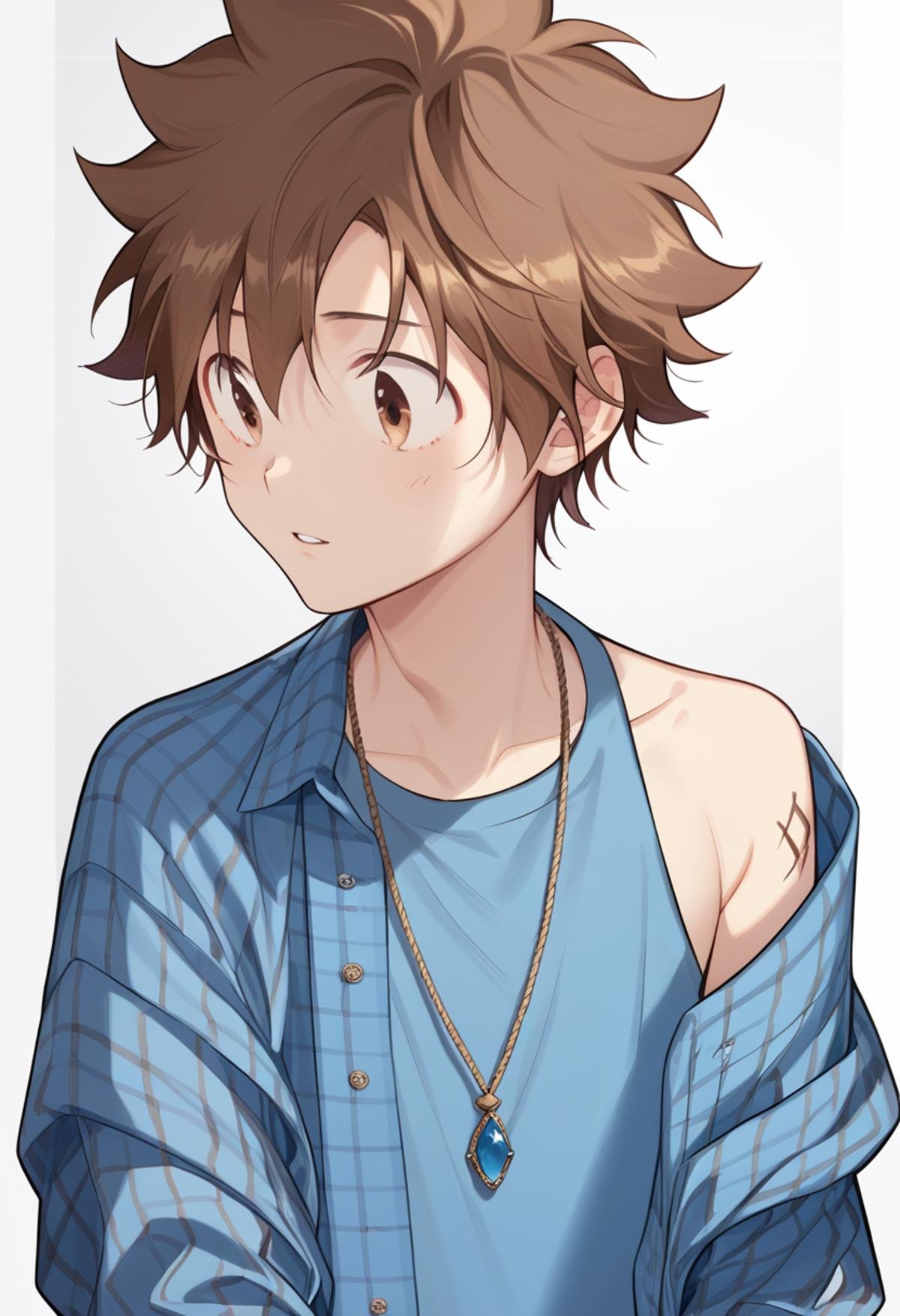 score_9, score_8_up, score_7_up, score_6_up, highly detailed, masterpiece, best quality,detailed,intricate details, amazing quality, best aesthetic, absurdres,source_anime, tsuna, brown hair, brown eyes, 1boy,jewelry, necklace, plaid blue shirt, open clothes, off shoulder<lora:EMS-391485-EMS:1.000000>