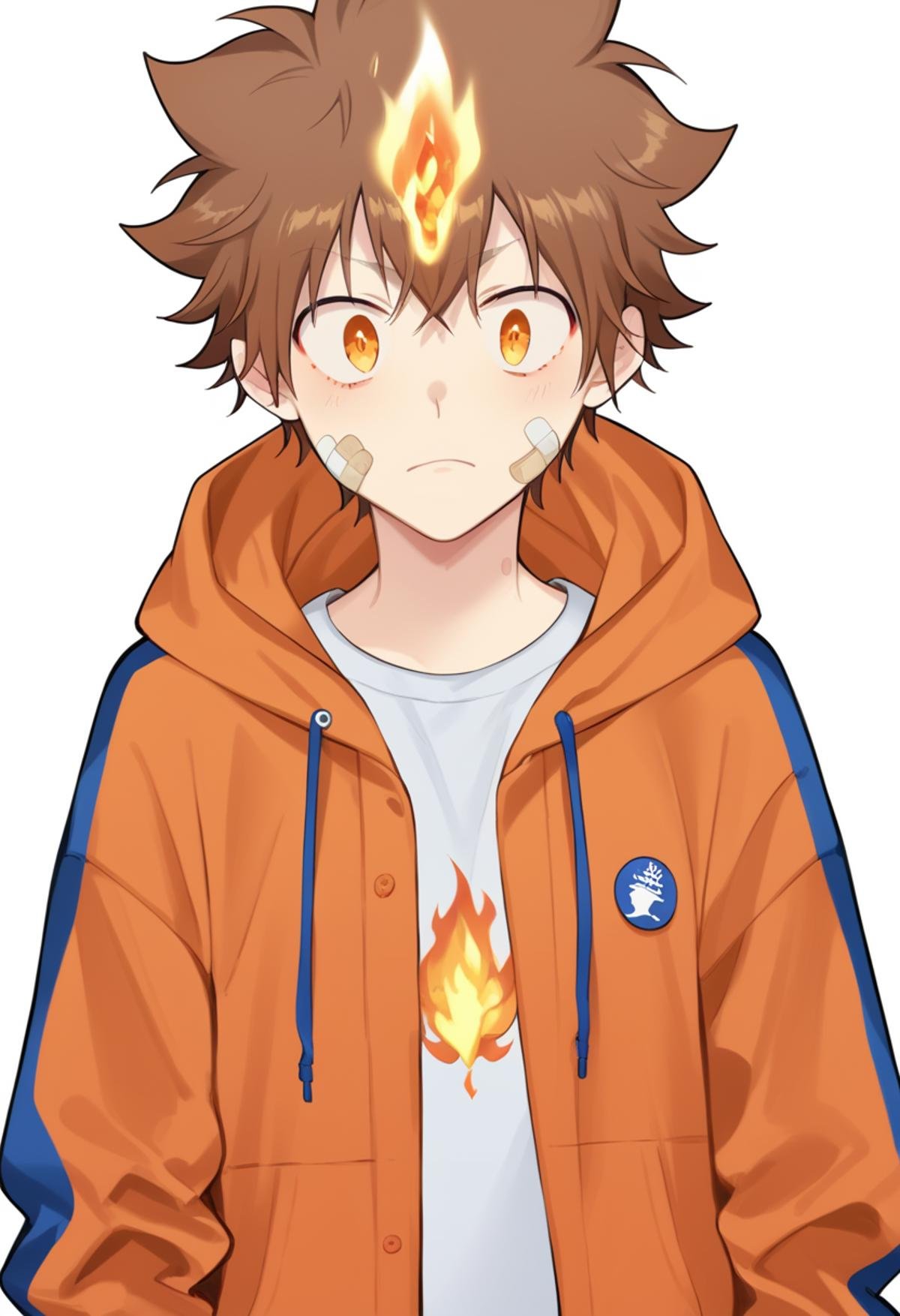 score_9, score_8_up, score_7_up, score_6_up, highly detailed, masterpiece, best quality,detailed,intricate details, amazing quality, best aesthetic, absurdres,source_anime, tsuna, brown hair, orange eyes, 1boy,ood, bandaid, bandaid on face, hoodie, shirt, open jacket, open clothes, flame on head<lora:EMS-391485-EMS:1.000000>