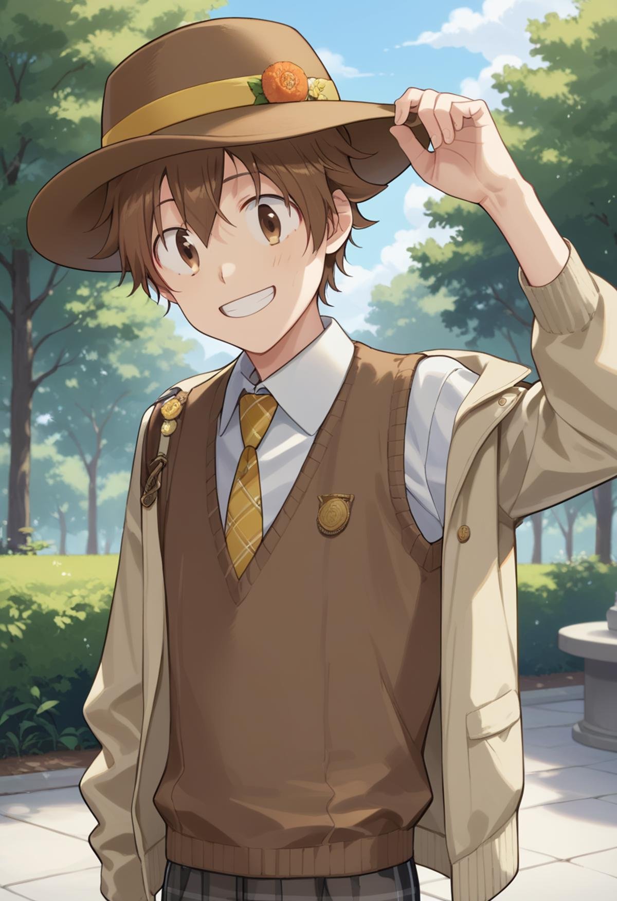 score_9, score_8_up, score_7_up, score_6_up, highly detailed, masterpiece, best quality,detailed,intricate details, amazing quality, best aesthetic, absurdres,source_anime, tsuna, brown hair, brown eyes, 1boy, sweater vest, hat, collared shirt, smile, yellow necktie, plaid pants<lora:EMS-391485-EMS:1.000000>