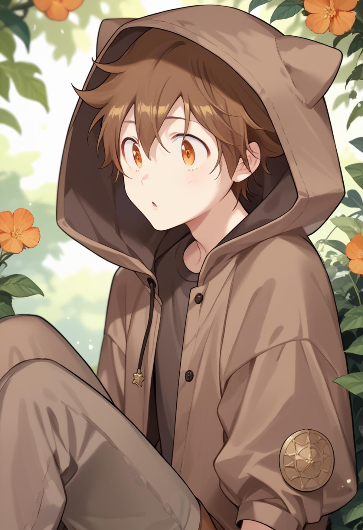 score_9, score_8_up, score_7_up, score_6_up, highly detailed, masterpiece, best quality,detailed,intricate details, amazing quality, best aesthetic, absurdres,source_anime, tsuna, brown hair, orange eyes, 1boy,hood, shorts, hood up, brown shorts, animal hood<lora:EMS-391485-EMS:1.000000>