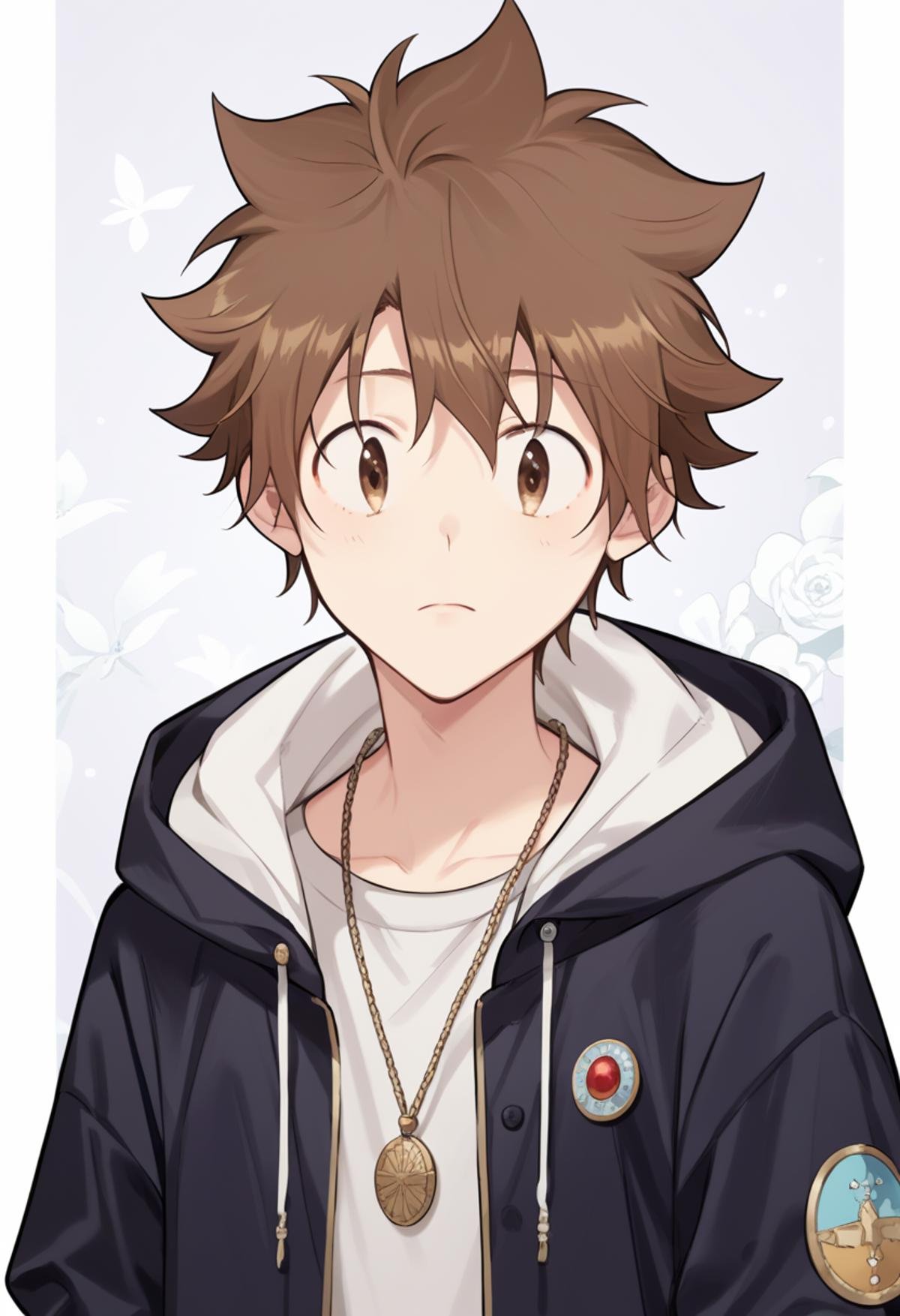 score_9, score_8_up, score_7_up, score_6_up, highly detailed, masterpiece, best quality,detailed,intricate details, amazing quality, best aesthetic, absurdres,source_anime, tsuna, brown hair, brown eyes, 1boy, hoodie, white hoodie,necklace,black jacket, open jacker<lora:EMS-391485-EMS:1.000000>