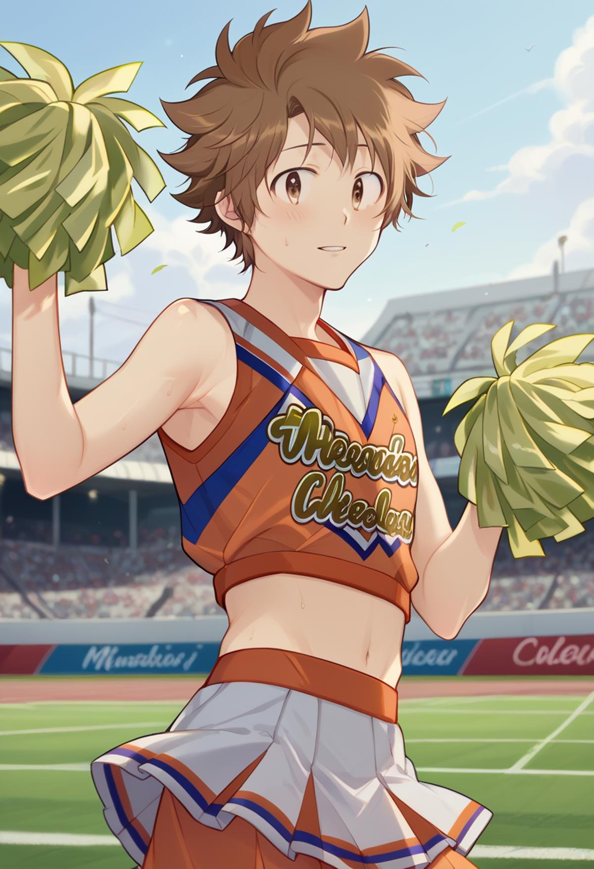 score_9, score_8_up, score_7_up, score_6_up, highly detailed, masterpiece, best quality,detailed,intricate details, amazing quality, best aesthetic, absurdres,source_anime, tsuna, brown hair, brown eyes, 1boy,male focus, solo, cheerleader, pom pom (cheerleading)<lora:EMS-391485-EMS:1.000000>