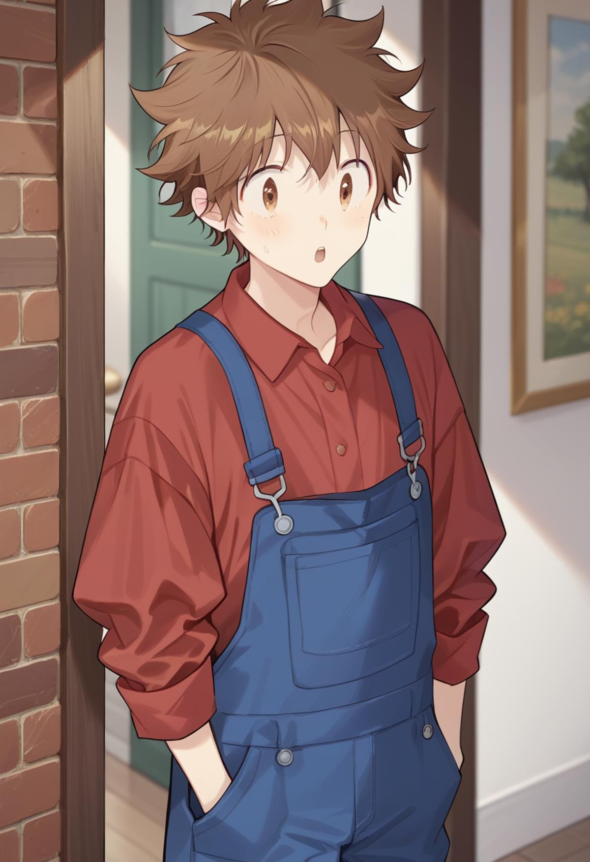 score_9, score_8_up, score_7_up, score_6_up, highly detailed, masterpiece, best quality,detailed,intricate details, amazing quality, best aesthetic, absurdres,source_anime, tsuna, bronw hair, brown eyes, overalls, red shirt, 1boy<lora:EMS-391485-EMS:1.000000>