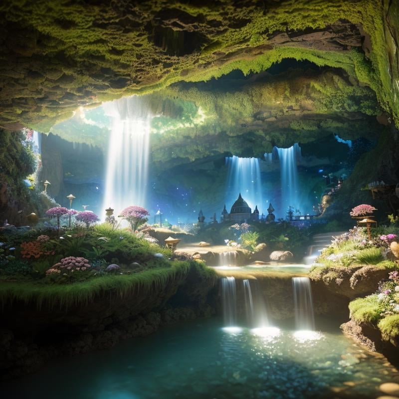 POV, wide angle shot, (beautiful lush underground world, stream, underground castle), (sprawling cave), fantasy, natural sunlight from magical orb, raytracing, particle effects, diffused lighting, vivid colors, (highly detailed, fine details, intricate), (photorealism:1.1), photographed on a Canon 5D, 24mm ultra wide lens, 8k resolution, Award-winning photograph