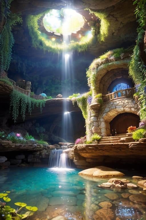 POV, wide angle shot, (beautiful lush underground world, stream, underground castle), (cave), fantasy, natural sunlight from magical orb, raytracing, diffused lighting, vivid colors, (highly detailed, fine details, intricate), photographed on a Sony Alpha 7R V, 24mm ultra wide lens, 8k resolution, Award-winning photograph