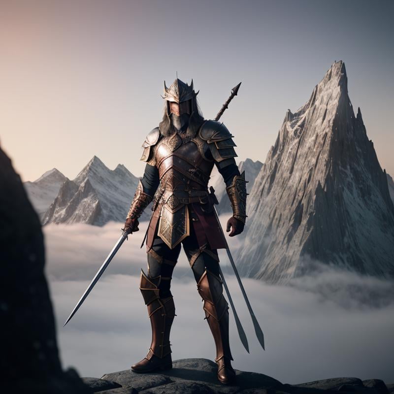 Professional RAW color photo, wide angle, front shot, of (powerful male [Nordic:Viking:16], warrior), wearing dark fantasy armor, (elegant close helmet), standing on show mountain ridge, overlooking sprawling Tolkien inspired fantasy world), during the winder, toned physique, buff, dark fantasy, (highly detailed, hyperdetailed, intricate), (bloody:0.5), (mountains:1.1), cold colors, magic, (lens flare:0.5), (bloom:0.3), particle effects, raytracing, cinematic lighting, shallow depth of field, photographed on a Canon EOS R3, 35mm ultra wide lens, 8k resolution, sharp focus, Award-winning photography