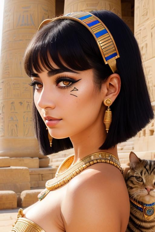 Highest quality, masterpiece, medium closeup shot, RAW photo, of (elegant ancient Egyptian woman with short hair, in Egyptian temple, with a fluffy cute cat), (psychedelia), ancient Egyptian attire, Cleopatra, (sphinx:0.6), (pyramids:0.7),  (highly detailed skin), ancient rune tattoos, skin texture,  (portrait:0.9), (detailed face), alluring eyes, [cool|warm] color temperature, soft focus, diffused soft lighting, (backlighting:0.8), photographed on a Nikon D850, 50mm lens, F/2.8 aperture, (exposure boost:0.5), (highly detailed, intricate details), minimal shadows, absurdres, 8mm film grain