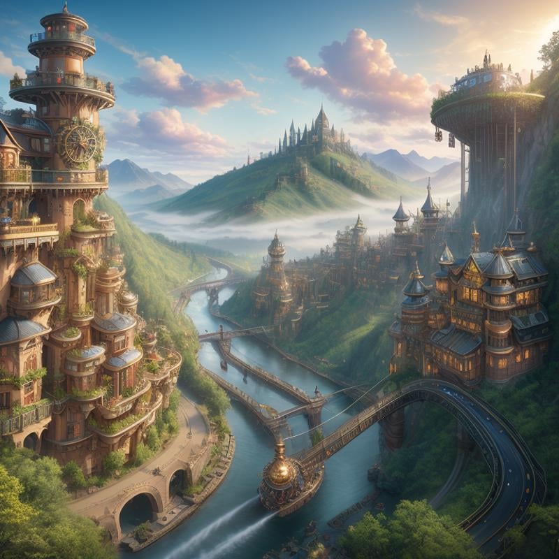 [High fantasy:Steampunk:26], POV, wide angle shot, high vantage point, (Establishing shot), overlooking beautiful fantasy world with lush vegetation intertwined with mechanical engineering, winding rivers, sprawling magical landscape, fluffy The Kelvin-Helmholtz Wave Cloud, (mountains:1.1), (castles:0.8), (clockwork world:1.3), (gears, machines), natural lighting, [god rays], raytracing, particle effects, vivid colors, (highly detailed, hyperdetailed, intricate), photorealism, photographed on a Sony a9 II, 24mm ultra wide lens, 16k resolution, Award-winning photography