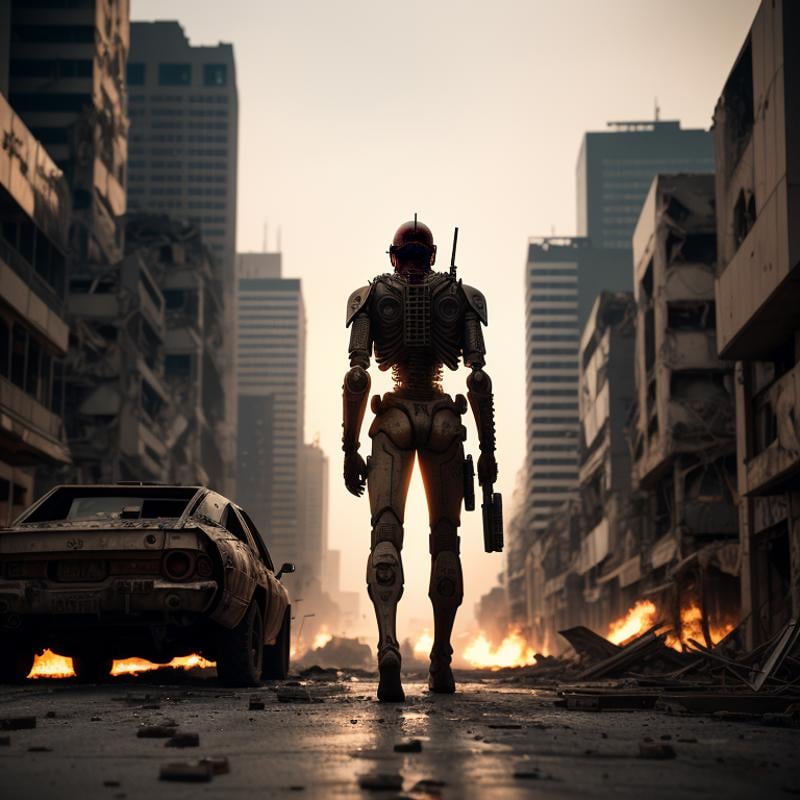 postapocalypse, War Photography, Ground level shot, rear angle, (cyborg skeleton walks down street of destroyed Cyberpunk city), (looking for enemy soldiers), holding high-tech rifle, far shot, (highly detailed, intricate), deep depth of field, cinematic lighting, ((RAW color)), award-winning photography, (ruins of skyscrapers), (burning cars), bodies liter the streets, grim, photographed on a Canon 5D, deep focus, 4k resolution, cinematic film still