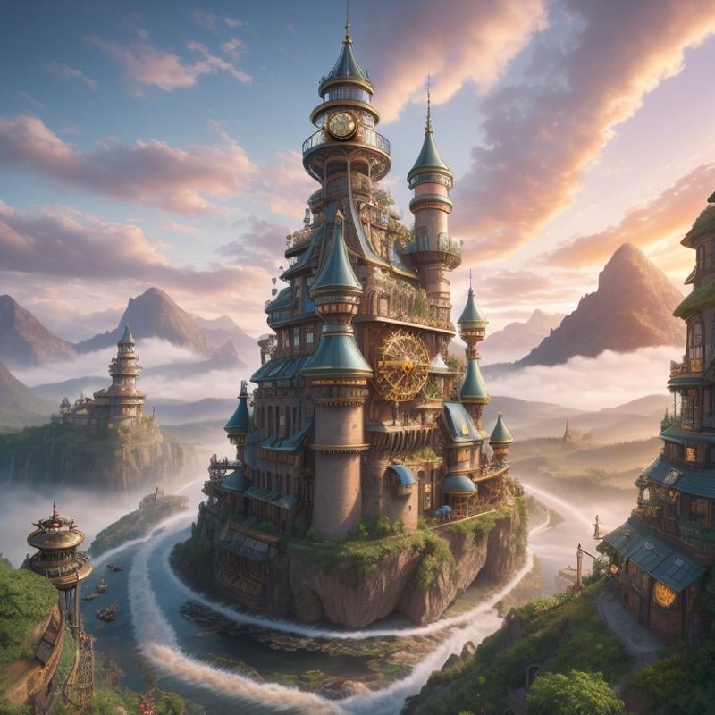 [High fantasy:Steampunk:26], POV, wide angle shot, high vantage point, (Establishing shot), overlooking beautiful fantasy world with lush vegetation intertwined with mechanical engineering, winding rivers, sprawling magical landscape, fluffy The Kelvin-Helmholtz Wave Cloud, (mountains:1.1), (castles:0.8), (clockwork world:1.3), (gears, machines), natural lighting, [god rays], raytracing, particle effects, vivid colors, (highly detailed, hyperdetailed, intricate), photorealism, photographed on a Sony a9 II, 18mm ultra wide lens, 16k resolution, Award-winning photography