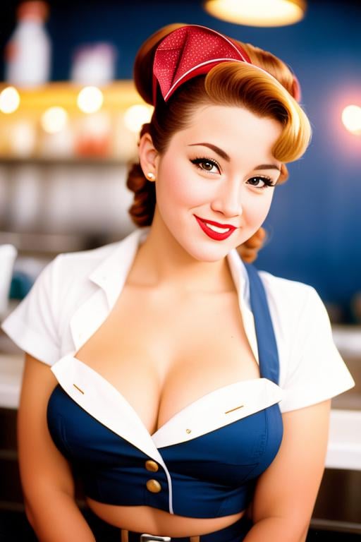 Professional Photo, front facing, of a waitress, pinup, art style, kodak portra 400, 35mm lens, cinematic, [[[smiling]]], [[[close up]]]