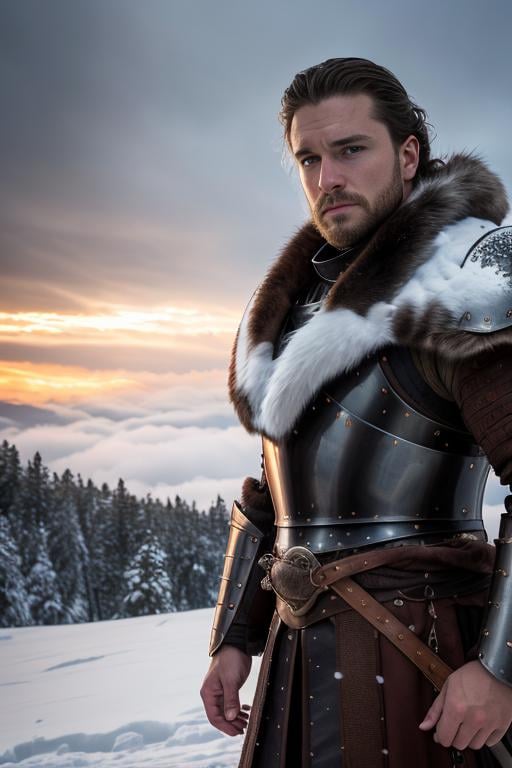 Intricately detailed, closeup, front shot, professional photograph, of (handsome Nordic male worrier), (wearing heavy [medieval:fantasy:20] armor), standing, outside on a snowy mountain, (fluffy snow flakes falling from the sky), snow on armor,  toned physique, perfect eyes, volumetric fog, shallow depth of field, cinematic lighting, lingering golden rays of sunset on a cloudy winter day, raytracing, subsurface scattering, photographed on a Canon EOS-1D X Mark III, (highly detailed:1.2), (hard focus), Game of Thrones film still, HDR, 8k resolution