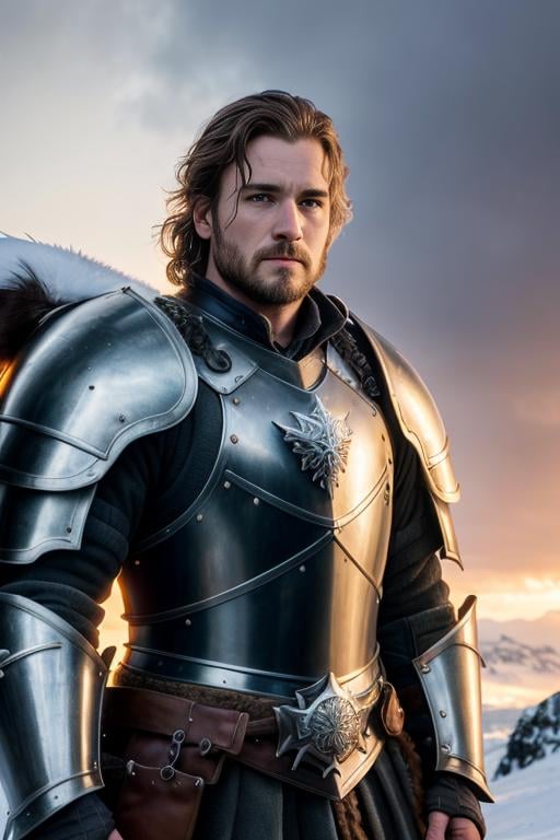 Intricately detailed, closeup, front shot, professional photograph, of (handsome Nordic male worrier), (wearing heavy [medieval:fantasy:20] armor), standing, outside on a snowy mountain, (fluffy snow flakes falling from the sky), snow on armor,  toned physique, perfect eyes, volumetric fog, shallow depth of field, cinematic lighting, lingering golden rays of sunset on a cloudy winter day, raytracing, subsurface scattering, photographed on a Sony Alpha 7 IV, (highly detailed:1.2), (hard focus), Game of Thrones film still, HDR, 8k resolution