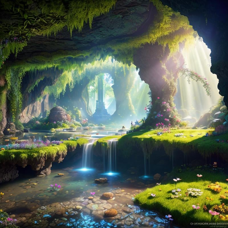 POV, wide angle shot, (beautiful lush underground world, stream, underground castle), (sprawling cave), fantasy, natural sunlight from magical orb, raytracing, particle effects, diffused lighting, vivid colors, (highly detailed, fine details, intricate), (photorealism:1.1), photographed on a Canon EOS R5, 24mm ultra wide lens, 8k resolution, Award-winning photograph