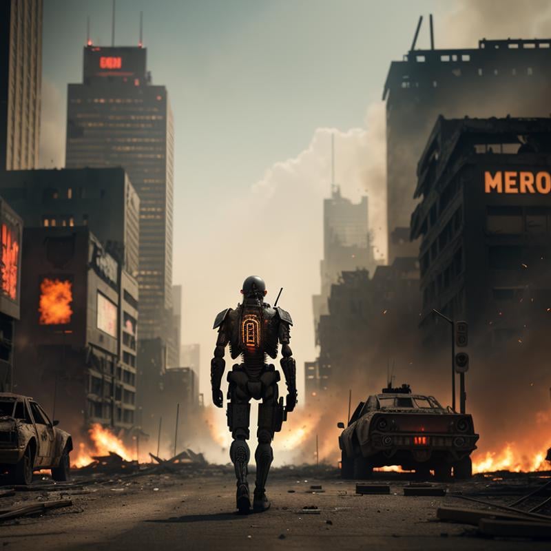 postapocalypse, War Photography, Ground level shot, rear angle, (cyborg skeleton walks down street of destroyed Cyberpunk city), (looking for enemy soldiers), holding high-tech rifle, far shot, (highly detailed, intricate), deep depth of field, cinematic lighting, ((RAW color)), award-winning photography, (ruins of skyscrapers), (burning cars), bodies liter the streets, grim, photographed on a Canon 5D, deep focus, 4k resolution, cinematic film still