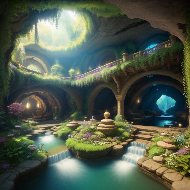 POV, wide angle shot, (beautiful lush underground world, stream, underground castle), (sprawling cave), fantasy, natural sunlight from magical orb, raytracing, particle effects, diffused lighting, vivid colors, (highly detailed, fine details, intricate), (photorealism:1.1), photographed on a Canon 5D, 24mm ultra wide lens, 8k resolution, Award-winning photograph