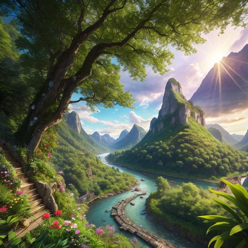 POV, wide angle shot, high vantage point, (Establishing shot), overlooking beautiful fantasy world with lush vegetation, winding rivers, sprawling landscape, (mountains:1.1), (castles:0.8), natural lighting, [god rays[, raytracing, particle effects, vivid colors, (highly detailed, hyperdetailed, intricate), photorealism, photographed on a Sony a9 II, 24mm ultra wide lens, 8k resolution, Award-winning photography