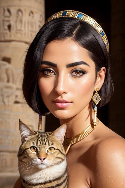 Highest quality, masterpiece, medium closeup shot, RAW photo, of (elegant ancient Egyptian woman with short hair, in Egyptian temple, with a fluffy cute cat), (psychedelia), ancient Egyptian attire, Cleopatra, (sphinx:0.6), (pyramids:0.7),  (highly detailed skin), ancient rune tattoos, skin texture,  (portrait:0.9), (detailed face), alluring eyes, [cool|warm] color temperature, soft focus, diffused soft lighting, (backlighting:0.8), photographed on a Nikon D850, 50mm lens, F/2.8 aperture, (exposure boost:0.5), (highly detailed, intricate details), minimal shadows, absurdres, 8mm film grain