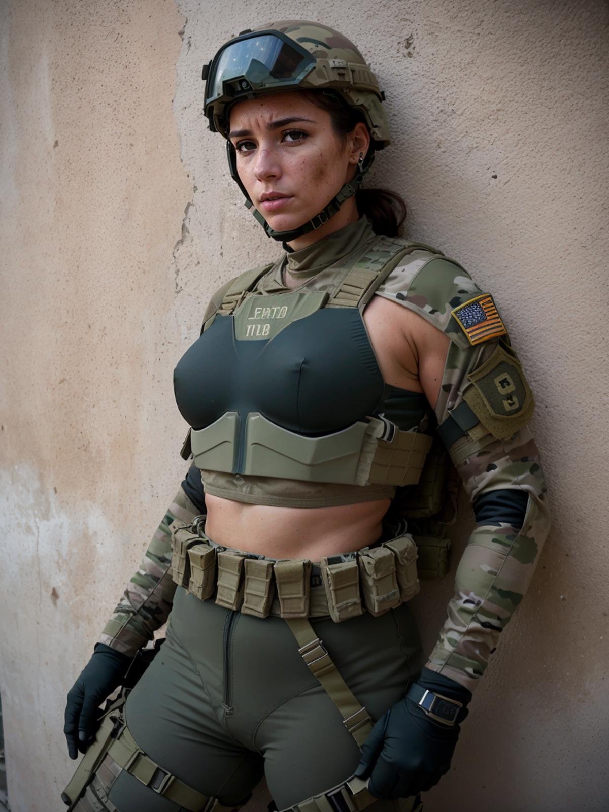 war photography, (cinematic lighting:1.1), hip level shot, dynamic angle, highest quality, photo of (female US army special forces soldier taking cover behind wall in middle eastern compound), perfect face, [[dirty]], worried expression, (wearing ops-core FAST helmet, Cyre Precision AVS chest rig, HSGI SureGrip Battle belt, Cyre Precision MultiCam Combat uniform, battlepack, boots:1.2), BREAKathletic body, bullet holes in wall in background, photographed on a Fujifilm GFX 100S, 80mm f/1.7 lens, film-like, (Zero Dark Thirty film still), sharp focus, (full body:0.9)