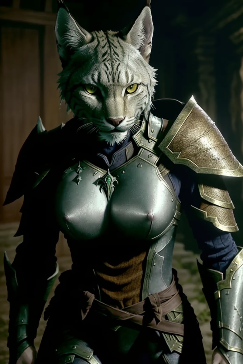 fantasy_\(setting\), photo of a [Woman|Lynx],  cinematic film still from Skyrim live adaptation, (khajiit:1.2)