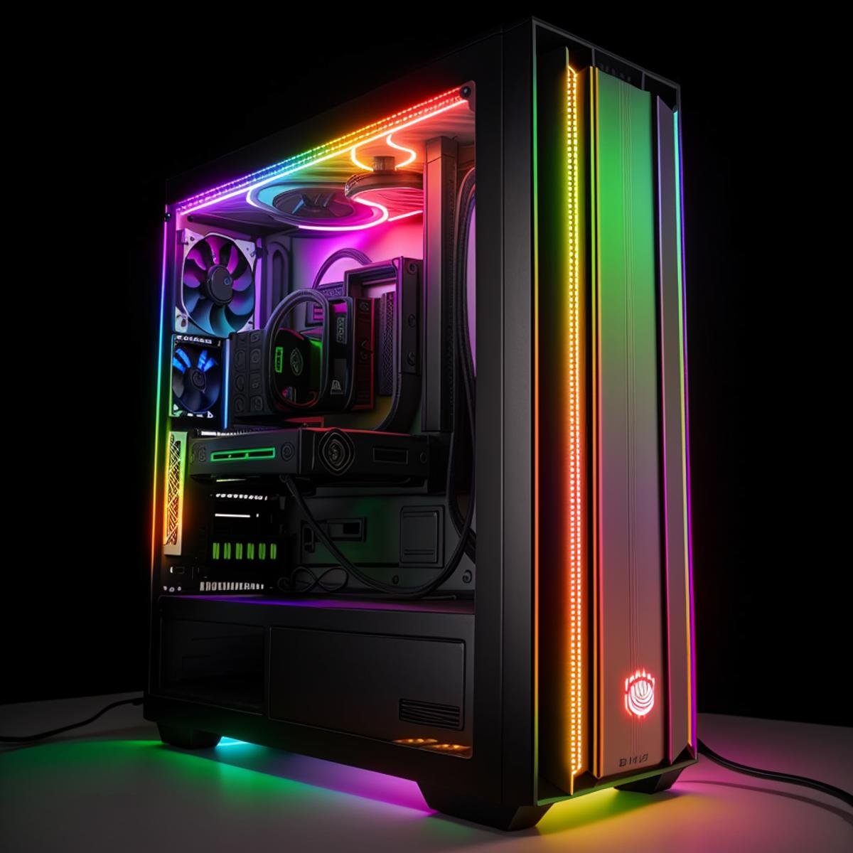 product placement, photo of a custom built PC with Lian Li case, RGB lighting, (wheatgrass growing on top of PC case)