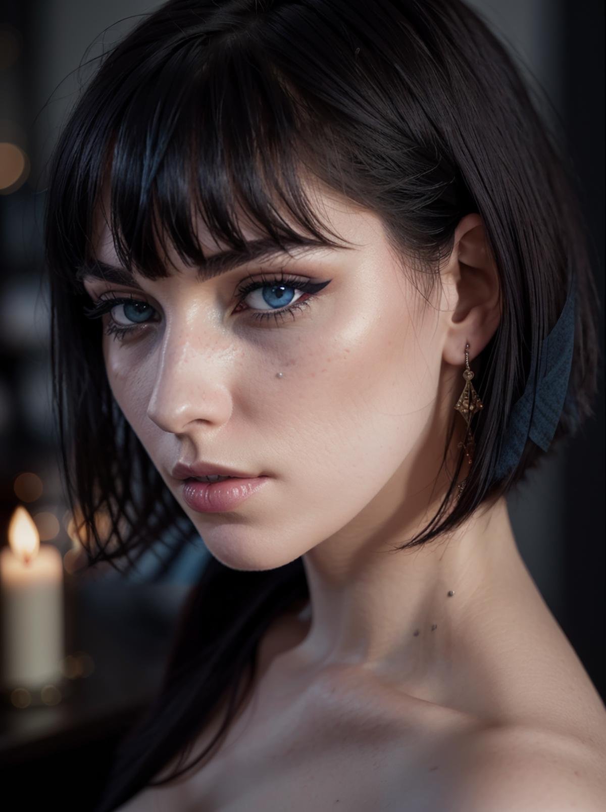 Masterpiece, (cinematic lighting:1.1), front view, low-key lighting, eye focus, photo of (pale skin 35 year old woman with short black Side-swept bangs hair), wearing black shirt, perfect face, glaring blue eyes, [gothic makeup], pouting seductively, (detailed skin), [[[light freckles]]], [[[imperfect skin]]], high frequency details, (film grain), dramatic, candles in background, ornate,  cold colors, (backlighting:0.5), photographed on a Canon EOS R5, 85mm f/1.2 cine lens, sharp focus, (highly detailed, intricately detailed), (Cinestill 800T:0.9), medium closeup, (full body)