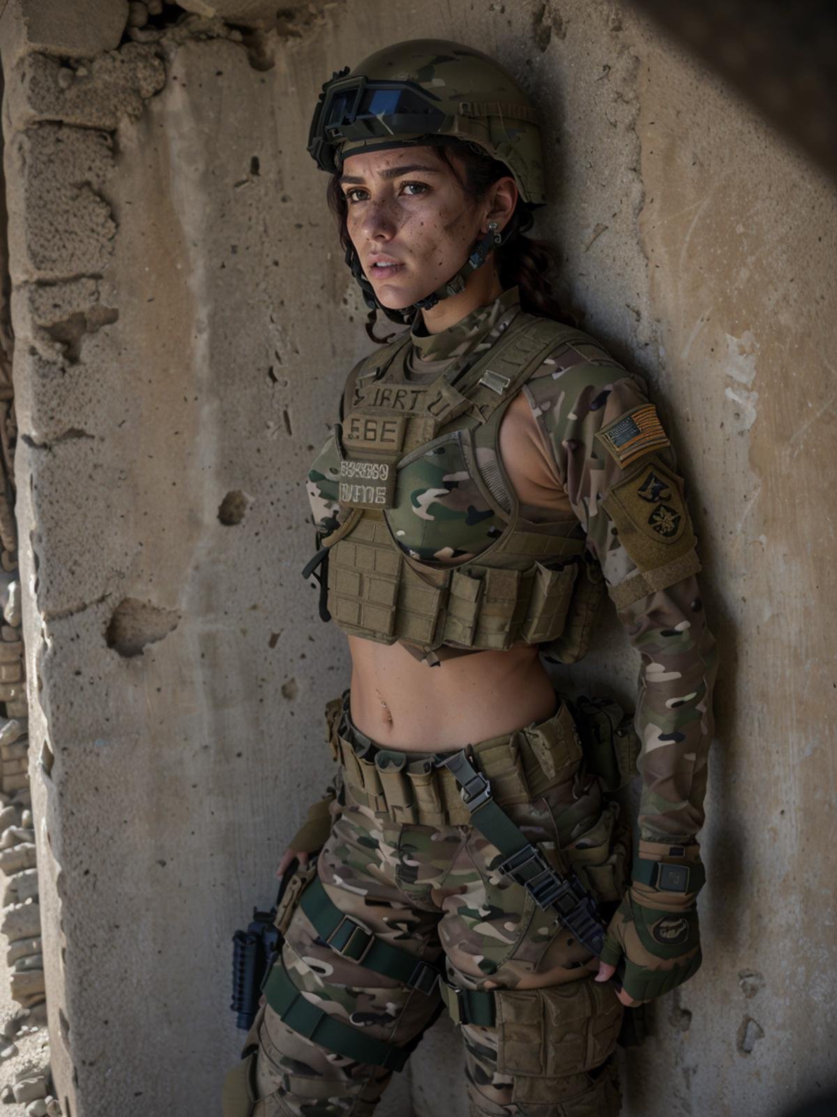 war photography, (cinematic lighting:1.1), hip level shot, dynamic angle, highest quality, photo of (female US army special forces soldier taking cover behind wall in middle eastern compound), perfect face, [[dirty]], worried expression, (wearing ops-core FAST helmet, Cyre Precision AVS chest rig, HSGI SureGrip Battle belt, Cyre Precision MultiCam Combat uniform, battlepack, boots:1.2), BREAKathletic body, bullet holes in wall in background, photographed on a Fujifilm GFX 100S, 80mm f/1.7 lens, film-like, (Zero Dark Thirty film still), sharp focus, (full body:0.9)