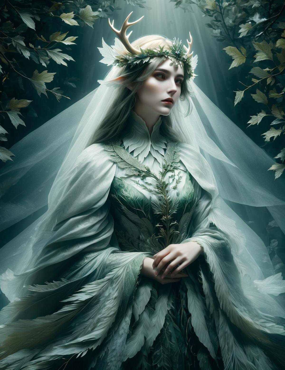 DonMF15hy,   erlking, tall regal ghostly figure, elegant ethereal appearance elaborate forest inspired clothing, crown made of leaves and branches,antlers, distinctive captivating eyes, linked with forests and nature spirits, connection to the wild hunt, linked with spirits of the forest ,    <lora:DonMF15hy:0.8>