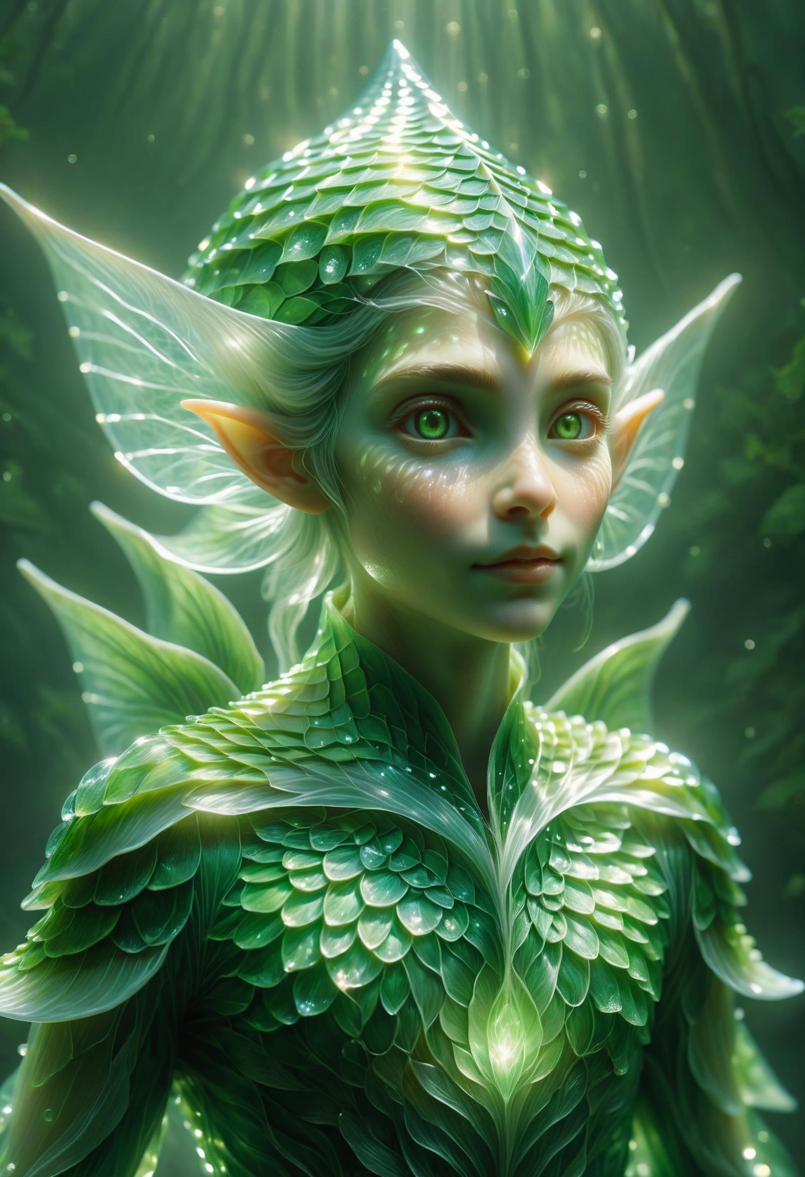 DonMF15hyXL elf, tiny small elemental mysterious enchanting creature of light, small, floating,  flickering ethereal appearance, green, natural,  illusion of transluscent invisible face, humanoid,relaxed,open,optimizing,transparent,processed  <lora:DonMF15hyXL:0.9>