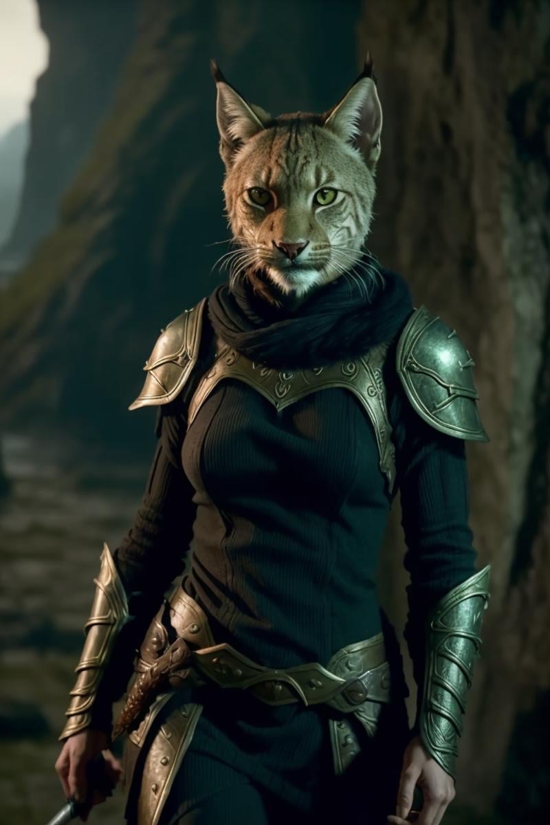 fantasy_\(setting\), photo of a [Woman|Lynx],  cinematic film still from Skyrim live adaptation, (khajiit:1.2)