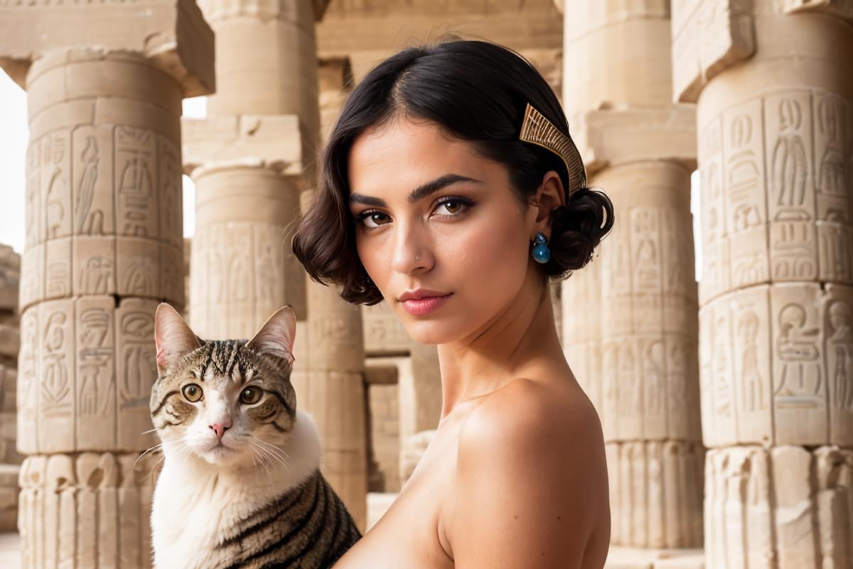 Highest quality, masterpiece, medium closeup shot, RAW photo, of (elegant ancient Egyptian woman with short hair, in Egyptian temple, with a fluffy cute cat), (psychedelia), ancient Egyptian attire, Cleopatra, (sphinx:0.6), (pyramids:0.7),  (highly detailed skin), ancient rune tattoos, skin texture,  (portrait:0.9), (detailed face), alluring eyes, [cool|warm] color temperature, soft focus, diffused soft lighting, (backlighting:0.8), photographed on a Nikon D850, 50mm lens, F/2.8 aperture, (exposure boost:0.5), (highly detailed, intricate details), minimal shadows, absurdres, 8mm film grain