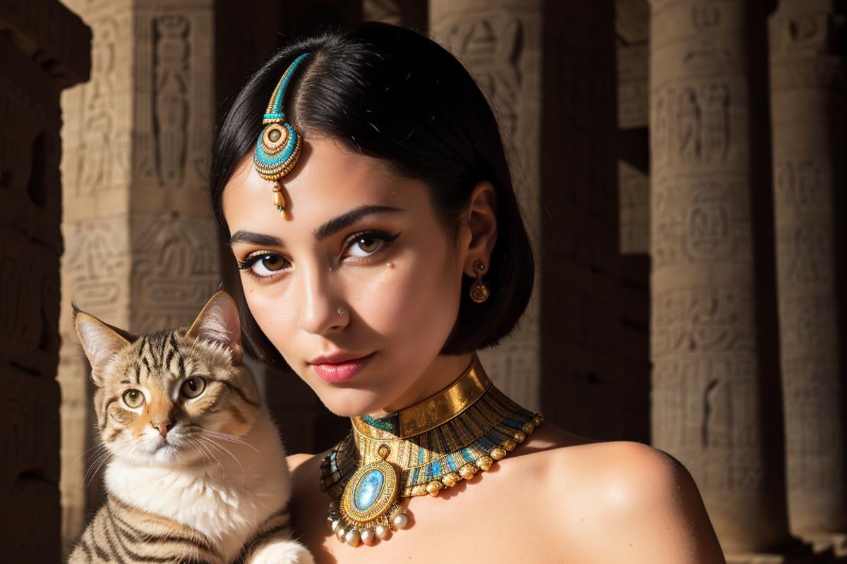 Highest quality, masterpiece, medium closeup shot, RAW photo, of (elegant ancient Egyptian woman with short hair, in Egyptian temple, with a fluffy cute cat), (psychedelia), ancient Egyptian attire, Cleopatra, (sphinx:0.6), (pyramids:0.7),  (highly detailed skin), ancient rune tattoos, skin texture,  (portrait:0.9), (detailed face), alluring eyes, [cool|warm] color temperature, soft focus, diffused soft lighting, (backlighting:0.8), photographed on a Nikon D850, 50mm lens, F/2.8 aperture, (exposure boost:0.5), (highly detailed, intricate details), minimal shadows, absurdres, 8mm film grain