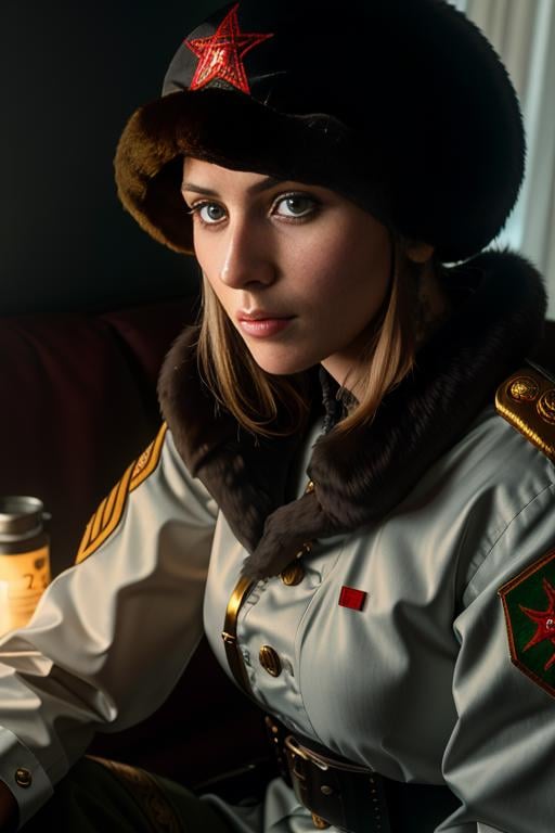 postapocalypse, High detail RAW color Photo, closeup shot, of (rebellious Polish woman, wearing Slavic attire, military Cossack Ushanka), (sitting on couch in (Atompunk) soviet union living room), (Cyrillic tattoos), (elegant, beautiful face), (retrofuturism), mechanical, gears, (detailed skin), (oil:0.6), (tesla coil:0.4), (Nixie tube:0.8), (highly detailed, hyperdetailed, intricate), (bloom:0.4), soft lighting, (side lighting:0.8), shadow casting, deep focus, photographed on a Leica 10772 M-P, 85mm macro lens, F/8 aperture, film still, (Cursed soldiers, rebellion)