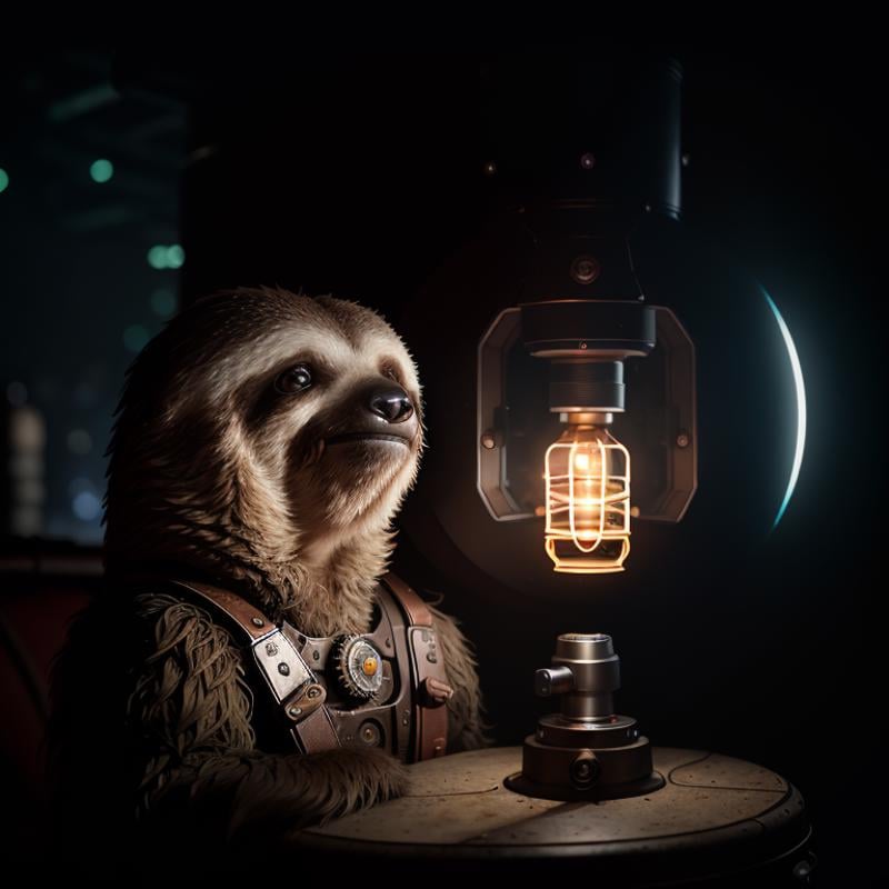 postapocalypse, highly detailed RAW color photo, of a (wise old sloth:1.2), atompunk_\(setting\), Cyrillic, (retrofuturism), mechanical, gears, vivid details, (oil:0.6), (([Tesla Coil|Nixie Tube])), (highly detailed, hyperdetailed), (bloom:0.4), soft lighting, (side lighting:0.8), shadow casting, deep focus, photographed on a Sony Alpha 7 IV Full-frame Mirrorless Camera, 24mm lens, F/8 aperture, film still