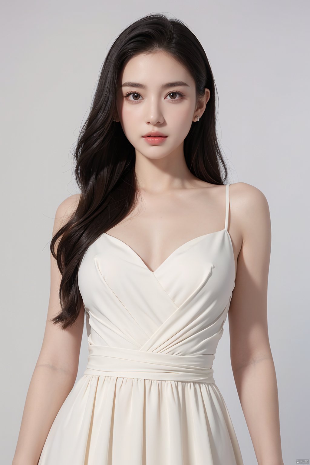 A girl,charming and elegant dress,fashionable and luxurious,with black eyes,advertising photography,white background,standing posture,upper body photo,advertising blockbuster photography,realistic,exquisite,high-definition,8K,perfect facial details,the best quality,