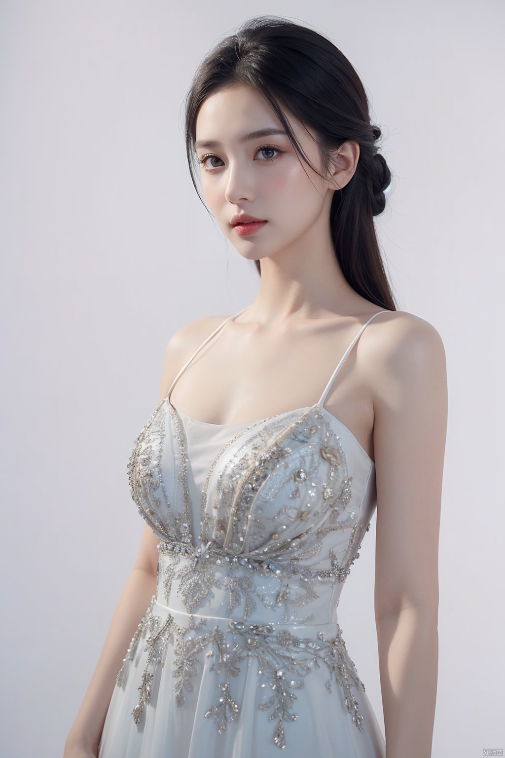 A girl,charming and elegant dress,fashionable and luxurious,with black eyes,advertising photography,white background,standing posture,upper body photo,advertising blockbuster photography,realistic,exquisite,high-definition,8K,perfect facial details,the best quality,