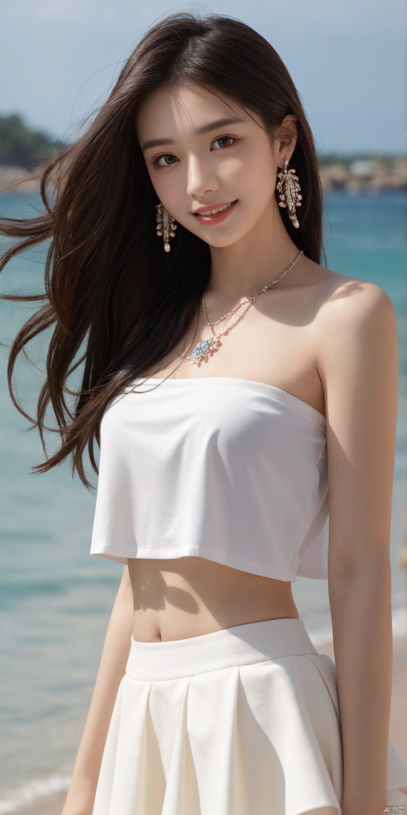  best quality, masterpiece, realistic,cowboy_shot,(Good structure), DSLR Quality,Depth of field,kind smile,looking_at_viewer,Dynamic pose, 
1girl, solo, long hair, , looking at viewer, skirt, hair ornament, bare shoulders, jewelry, ,   earrings, outdoors, midriff, water, necklace, lips, crop top,   ocean, white skirt, strapless vest, sunset, sun, , , ,  ,  , 