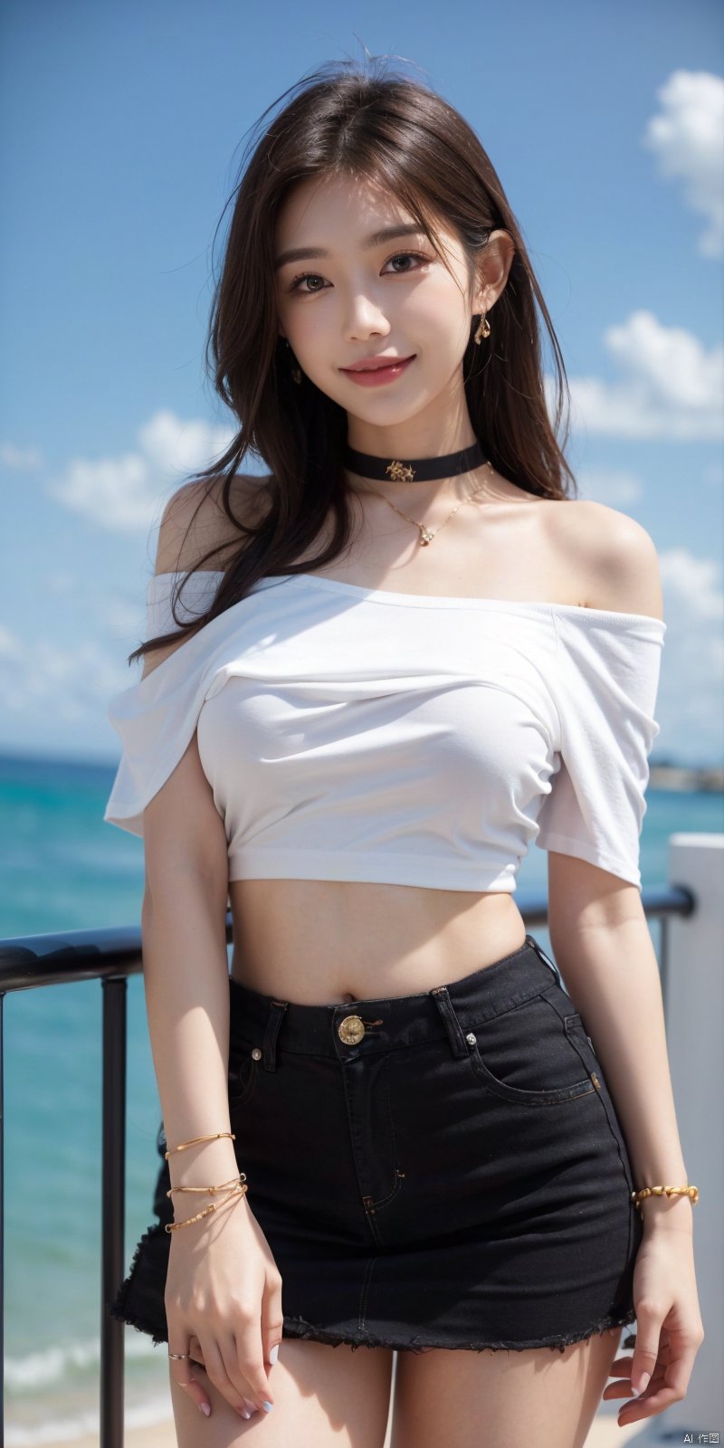 best quality, masterpiece, realistic,cowboy_shot,(Good structure), DSLR Quality,Depth of field,kind smile,looking_at_viewer,Dynamic pose, 
,Short skirt,Blue sky, white clouds, ocean, nai3, 1girl, solo, crop top, , choker, navel, shirt, midriff, crop top overhang, looking at viewer, white shirt, jewelry, breasts, bare shoulders, off-shoulder shirt, off shoulder, black choker, thighs, stomach, long hair, bracelet, short sleeves, ribbon, hand up, collarbone, hair ribbon, medium breasts, , bra strap, , hair ornament, thigh gap, necklace, expressionless, , ,kind smile, ,