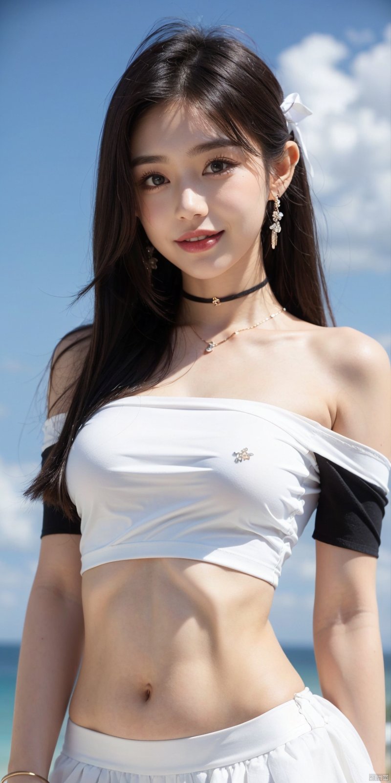 best quality, masterpiece, realistic,cowboy_shot,(Good structure), DSLR Quality,Depth of field,kind smile,looking_at_viewer,Dynamic pose, 
,Short skirt,Blue sky, white clouds, ocean, nai3, 1girl, solo, crop top, , choker, navel, shirt, midriff, crop top overhang, looking at viewer, white shirt, jewelry, breasts, bare shoulders, off-shoulder shirt, off shoulder, black choker, thighs, stomach, long hair, bracelet, short sleeves, ribbon, hand up, collarbone, hair ribbon, medium breasts, , bra strap, , hair ornament, thigh gap, necklace, expressionless, , ,kind smile, ,