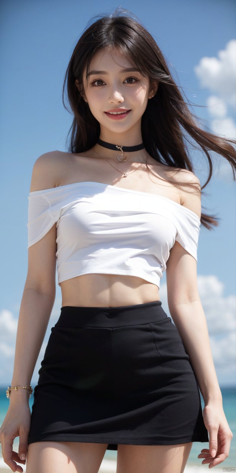 best quality, masterpiece, realistic,cowboy_shot,(Good structure), DSLR Quality,Depth of field,kind smile,looking_at_viewer,Dynamic pose, 
,Short skirt,Blue sky, white clouds, ocean, nai3, 1girl, solo, crop top, , choker, navel, shirt, midriff, crop top overhang, looking at viewer, white shirt, jewelry, breasts, bare shoulders, off-shoulder shirt, off shoulder, black choker, thighs, stomach, long hair, bracelet, short sleeves, ribbon, hand up, collarbone, hair ribbon, medium breasts, , bra strap, , hair ornament, thigh gap, necklace, expressionless, , ,kind smile, ,