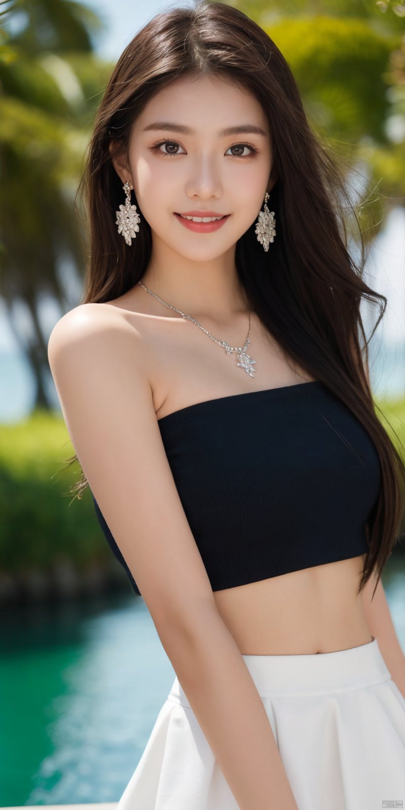  best quality, masterpiece, realistic,cowboy_shot,(Good structure), DSLR Quality,Depth of field,kind smile,looking_at_viewer,Dynamic pose, 
1girl, solo, long hair, , looking at viewer, skirt, hair ornament, bare shoulders, jewelry, ,   earrings, outdoors, midriff, water, necklace, lips, crop top,   ocean, white skirt, strapless vest, sunset, sun, , , ,  ,  , 