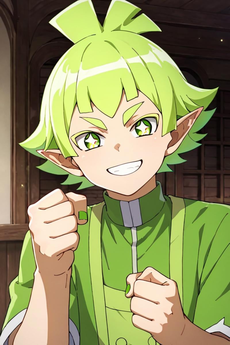 score_9,score_8_up,score_7_up,source_anime,1boy, solo,looking at viewer, bars robin,green hair,green eyes,pointy ears,green nail, starry eyes, smile, clenched_fist<lora:EMS-399380-EMS:0.800000>