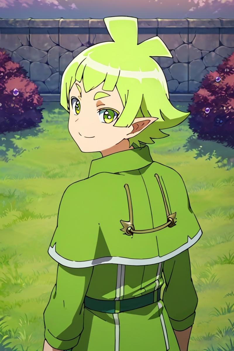 score_9,score_8_up,score_7_up,source_anime,1boy, solo,looking at viewer, bars robin,green hair,green eyes,pointy ears,capelet, looking back, outdoors, smile<lora:EMS-399380-EMS:1.000000>