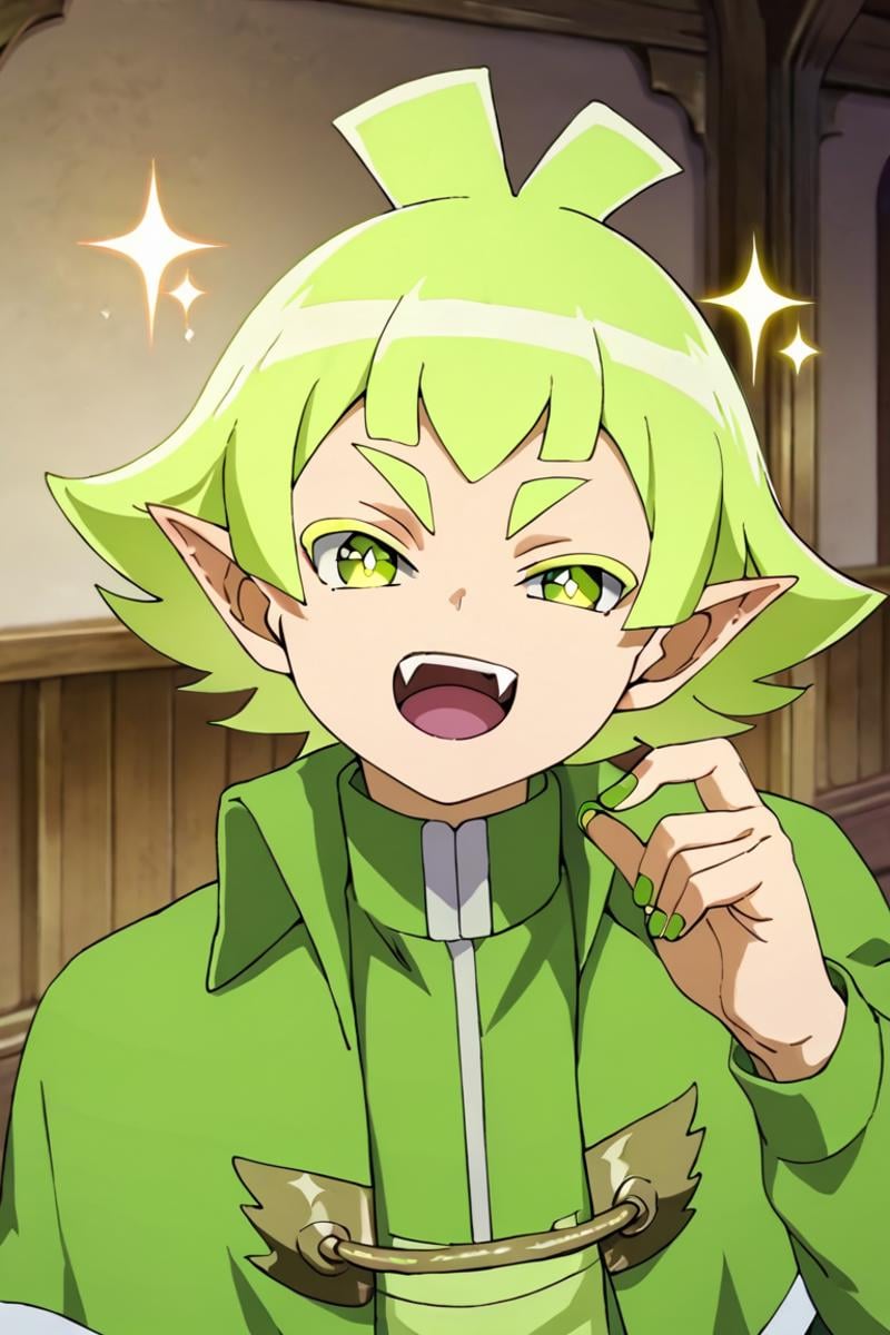 score_9,score_8_up,score_7_up,source_anime,1boy, solo,looking at viewer, bars robin,green hair,green eyes,pointy ears,green nail,capelet, indoors, upper body, open mouth, closed eyes, fangs, sparkle<lora:EMS-399380-EMS:1.000000>